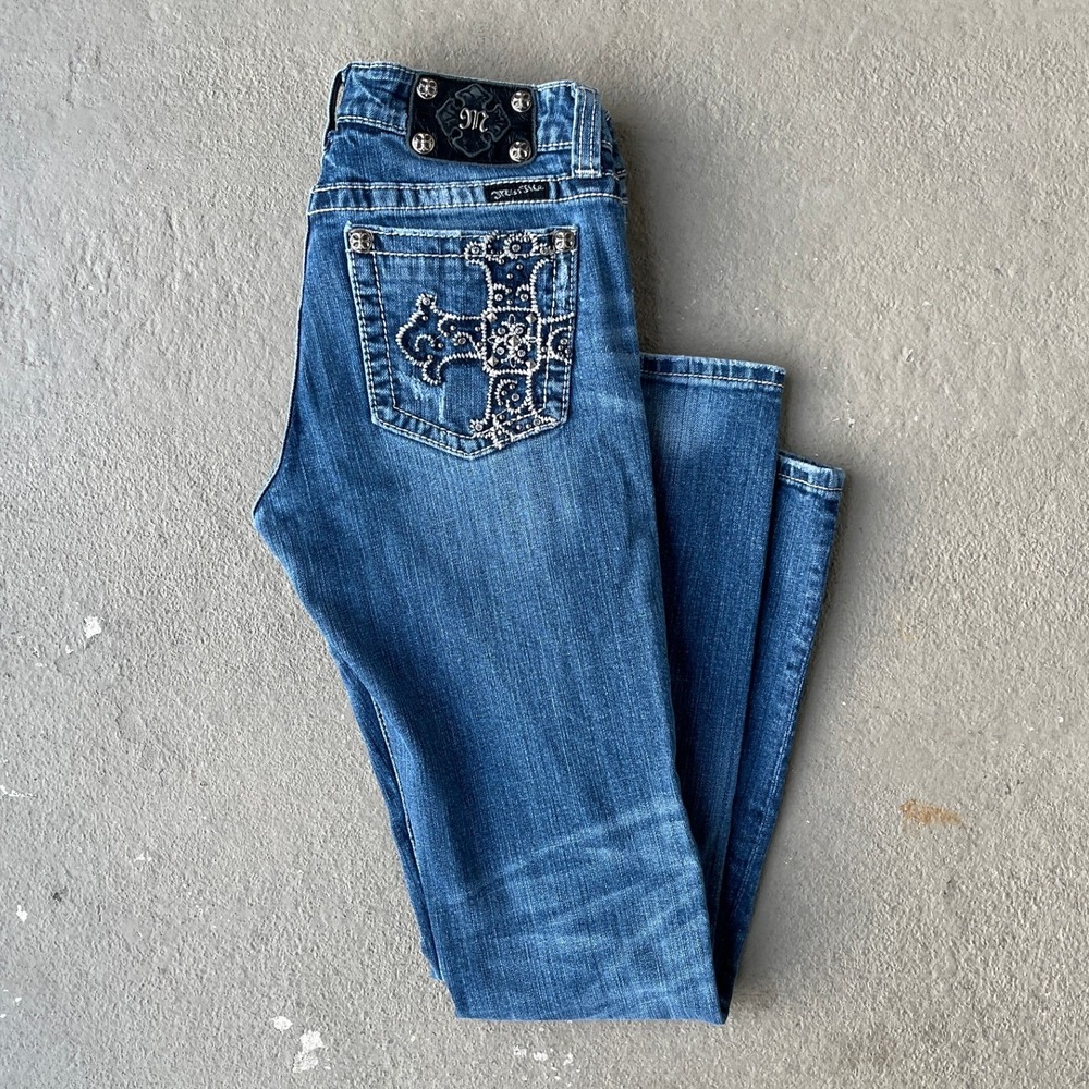 Miss Me Skinny Jeans Womens 30 Medium Wash Rhinestone Cross Embellished
